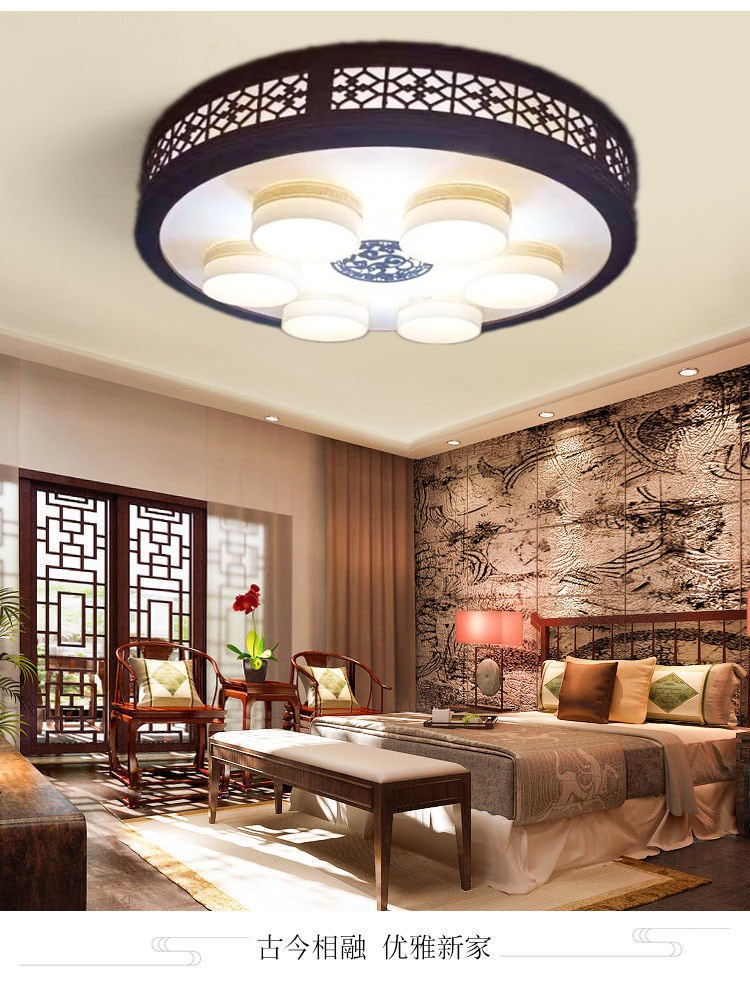 定制中式吸顶灯led 圆形带灯罩6头个性创意客厅酒店木艺灯具