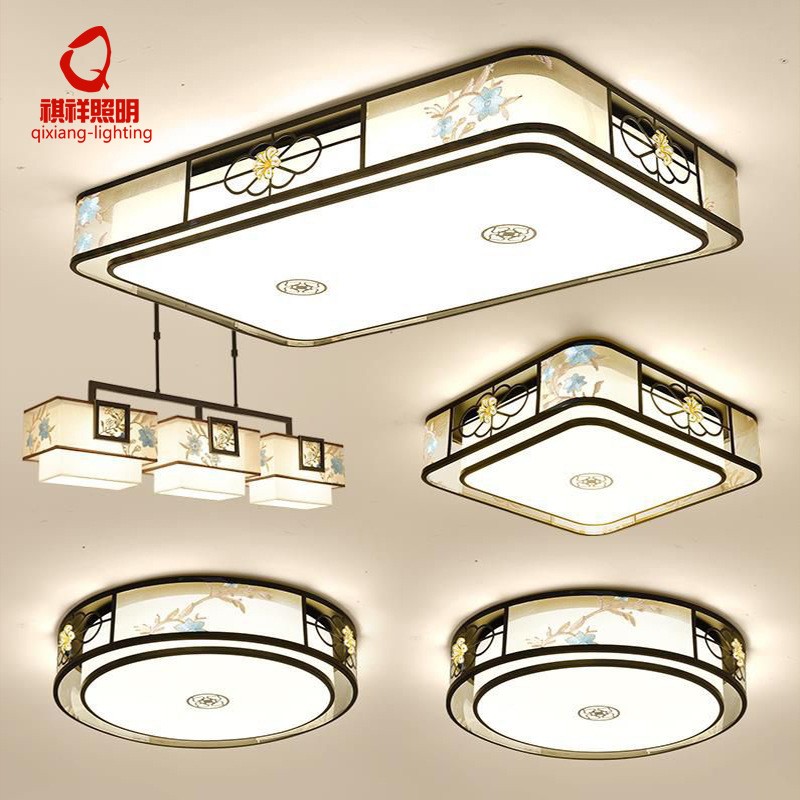 新中式LED客厅吸顶灯中国风刺绣布艺卧室房间照明灯套餐灯具批发