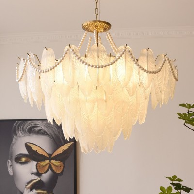 轻奢意式玻璃吸顶灯现代简约水晶吊灯创意大厅法式创意珍珠羽毛灯