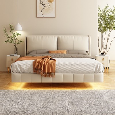 奶油风悬浮床现代简约实木床意式极简婚床主卧高端轻奢仙女皮艺床